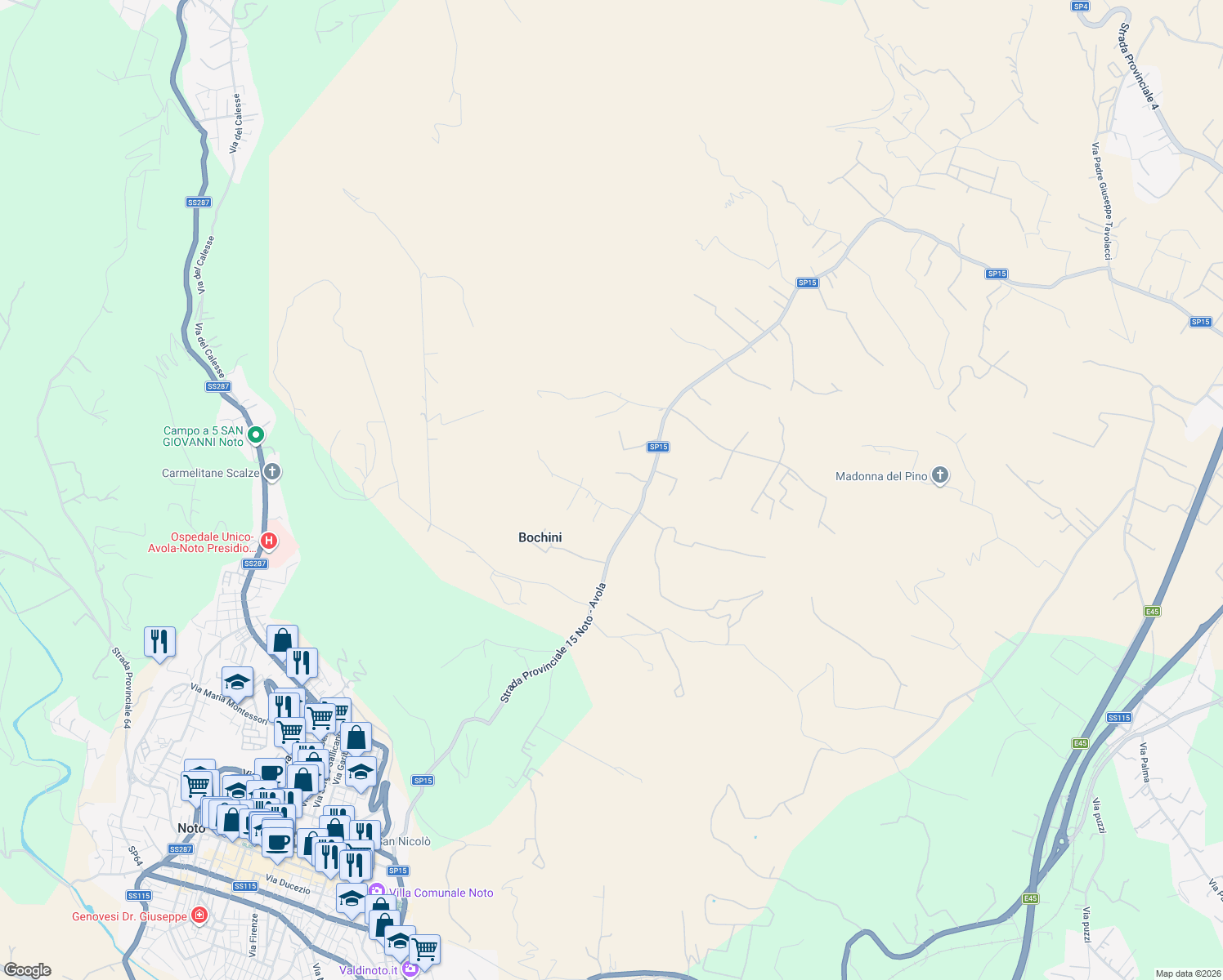 map of restaurants, bars, coffee shops, grocery stores, and more near Via Collina degli Ulivi in Bochini
