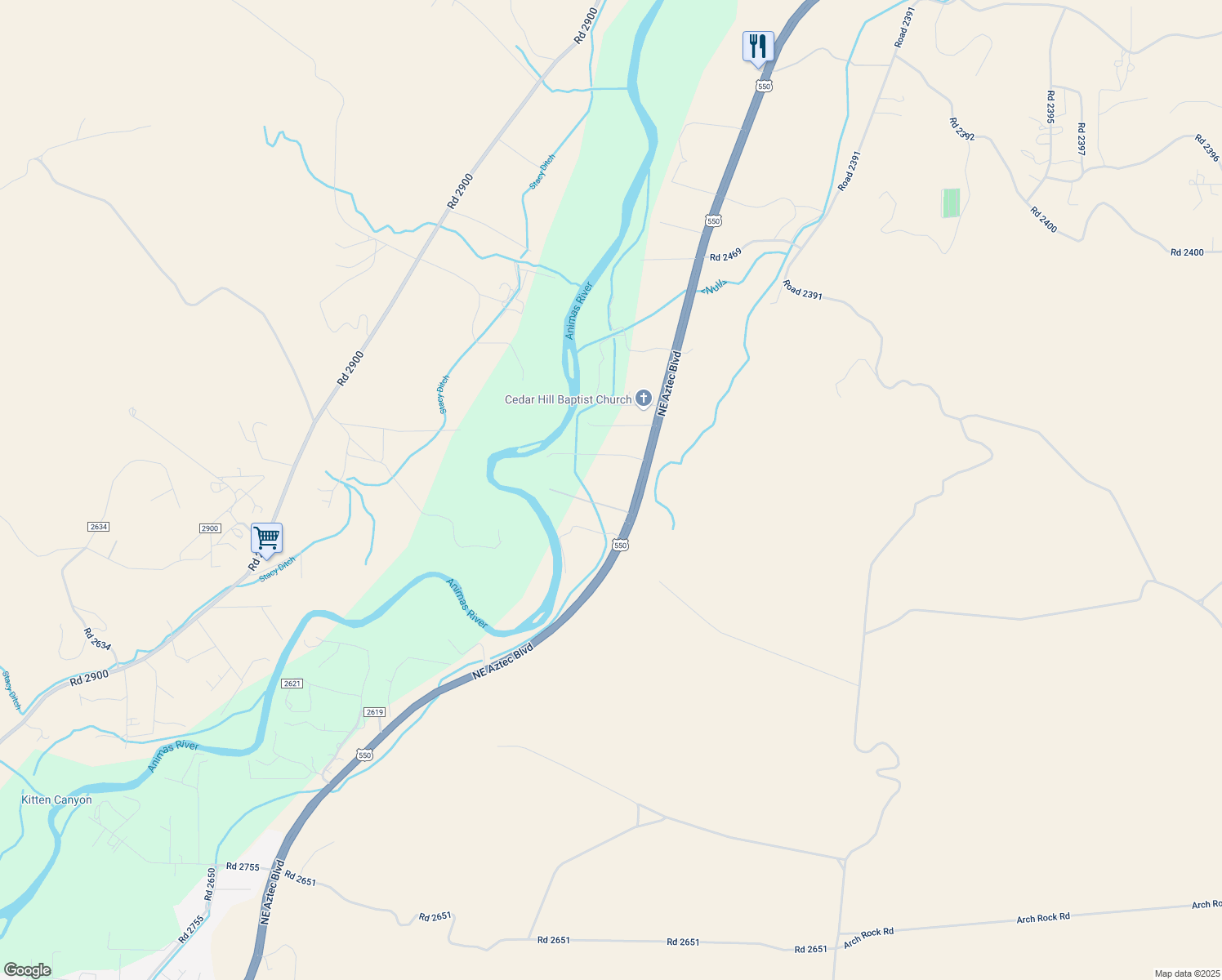 map of restaurants, bars, coffee shops, grocery stores, and more near 16747 U.S. 550 in Aztec