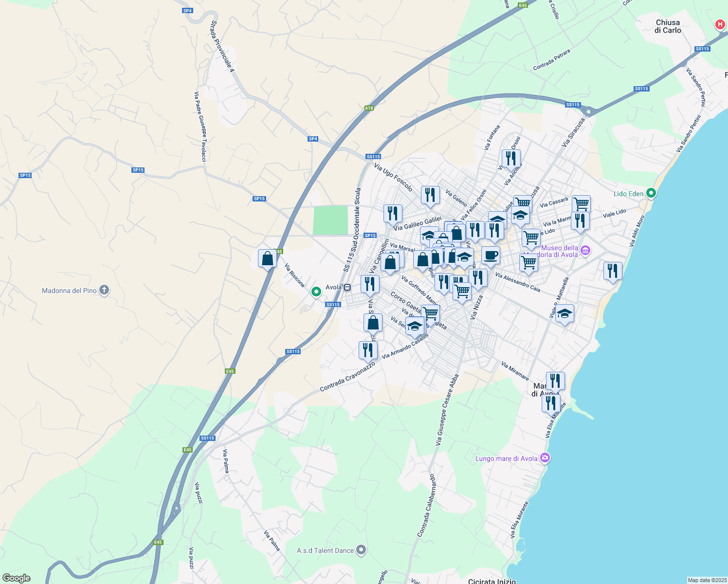 map of restaurants, bars, coffee shops, grocery stores, and more near 46 Piazza Regina Margherita in Avola