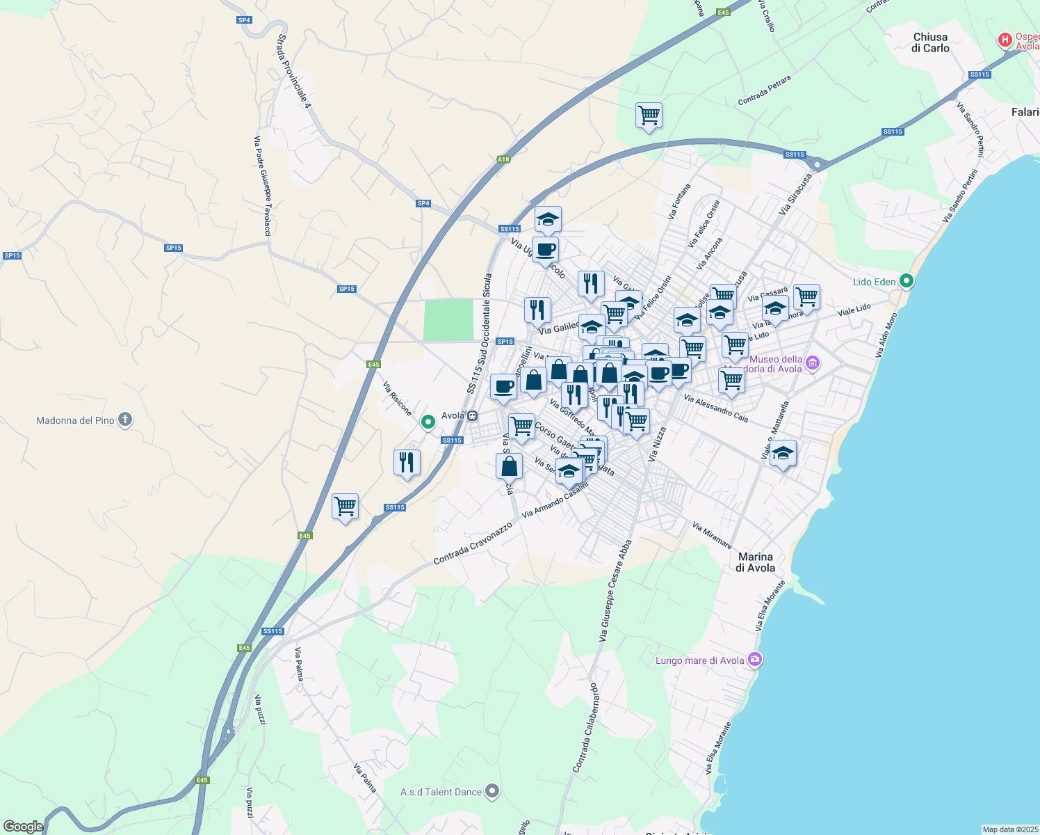 map of restaurants, bars, coffee shops, grocery stores, and more near 14-19 Corso Gaetano D'Agata in Avola