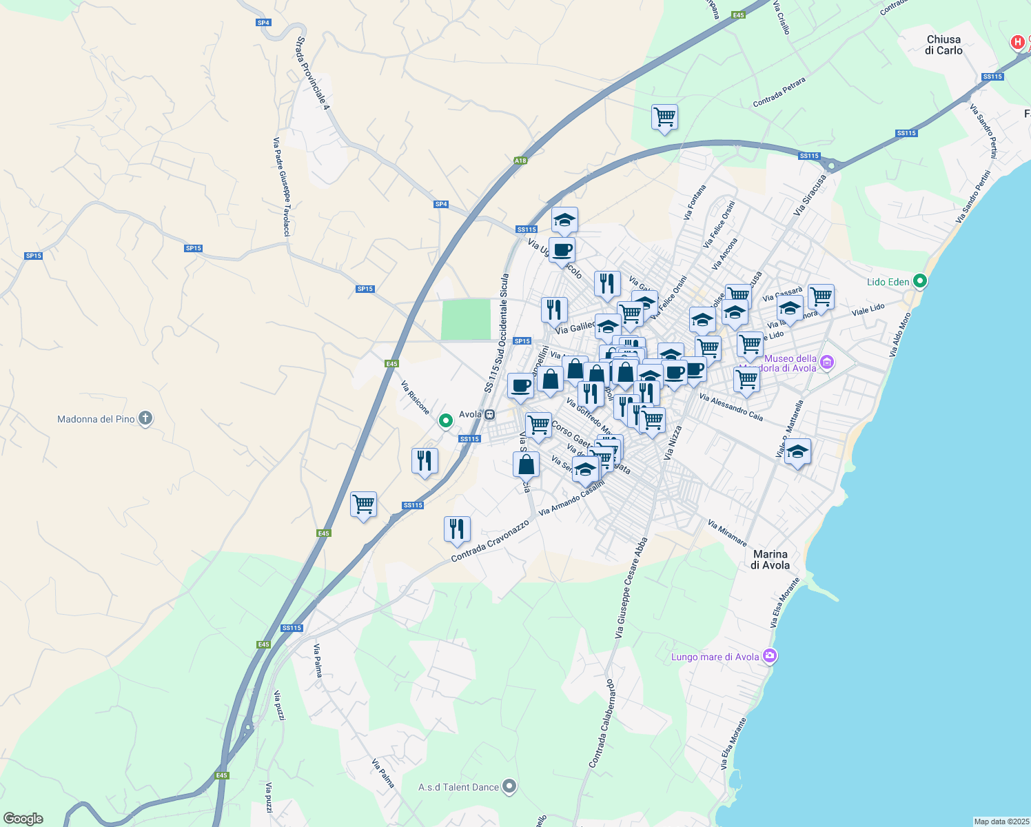 map of restaurants, bars, coffee shops, grocery stores, and more near 46 Piazza Regina Margherita in Avola