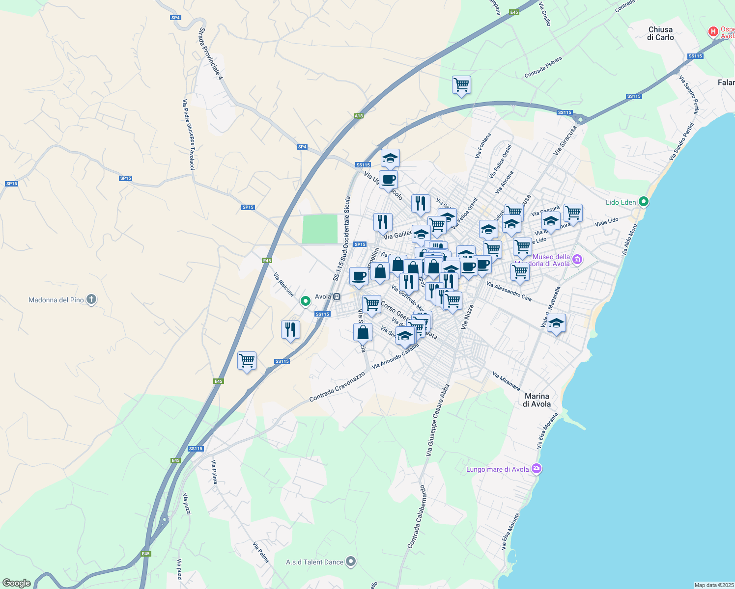 map of restaurants, bars, coffee shops, grocery stores, and more near 19 Corso Gaetano D'Agata in Avola