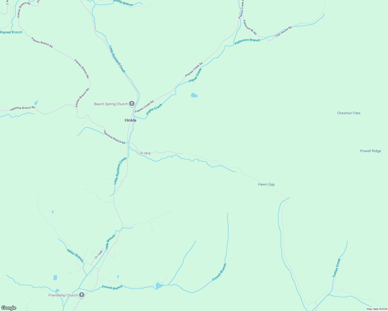 map of restaurants, bars, coffee shops, grocery stores, and more near Hawn Branch Road in Hinkle