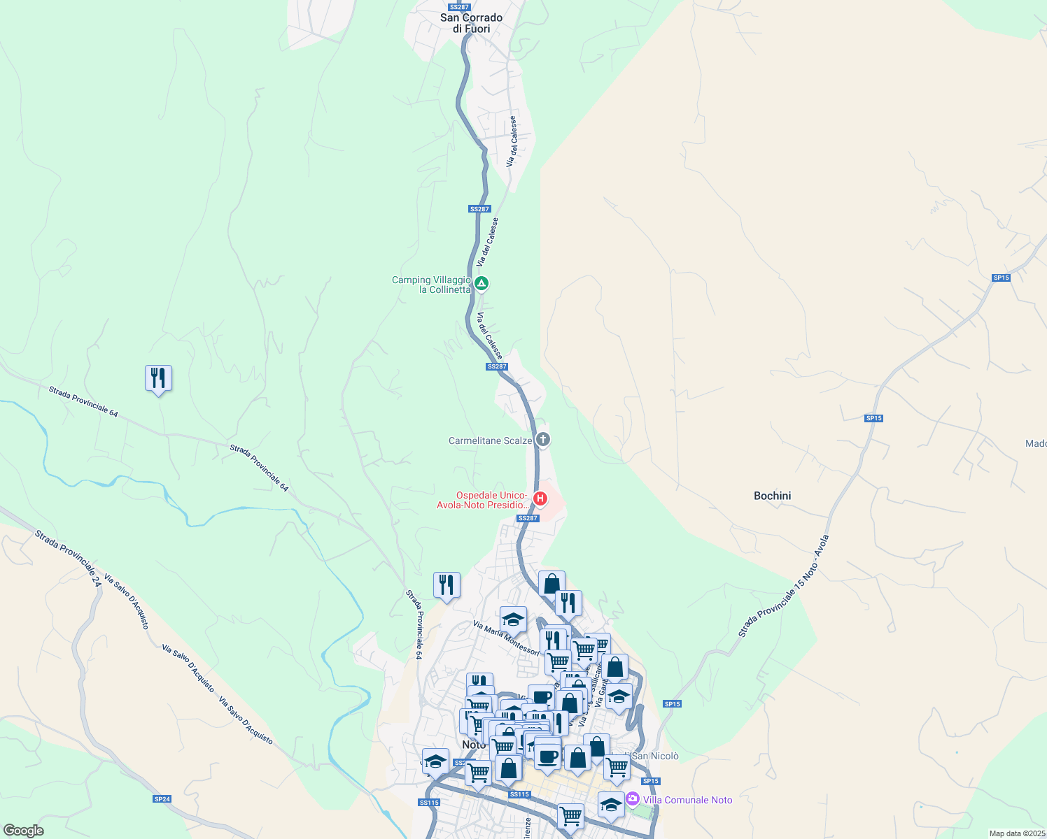 map of restaurants, bars, coffee shops, grocery stores, and more near 153 Via dei Mille in Noto