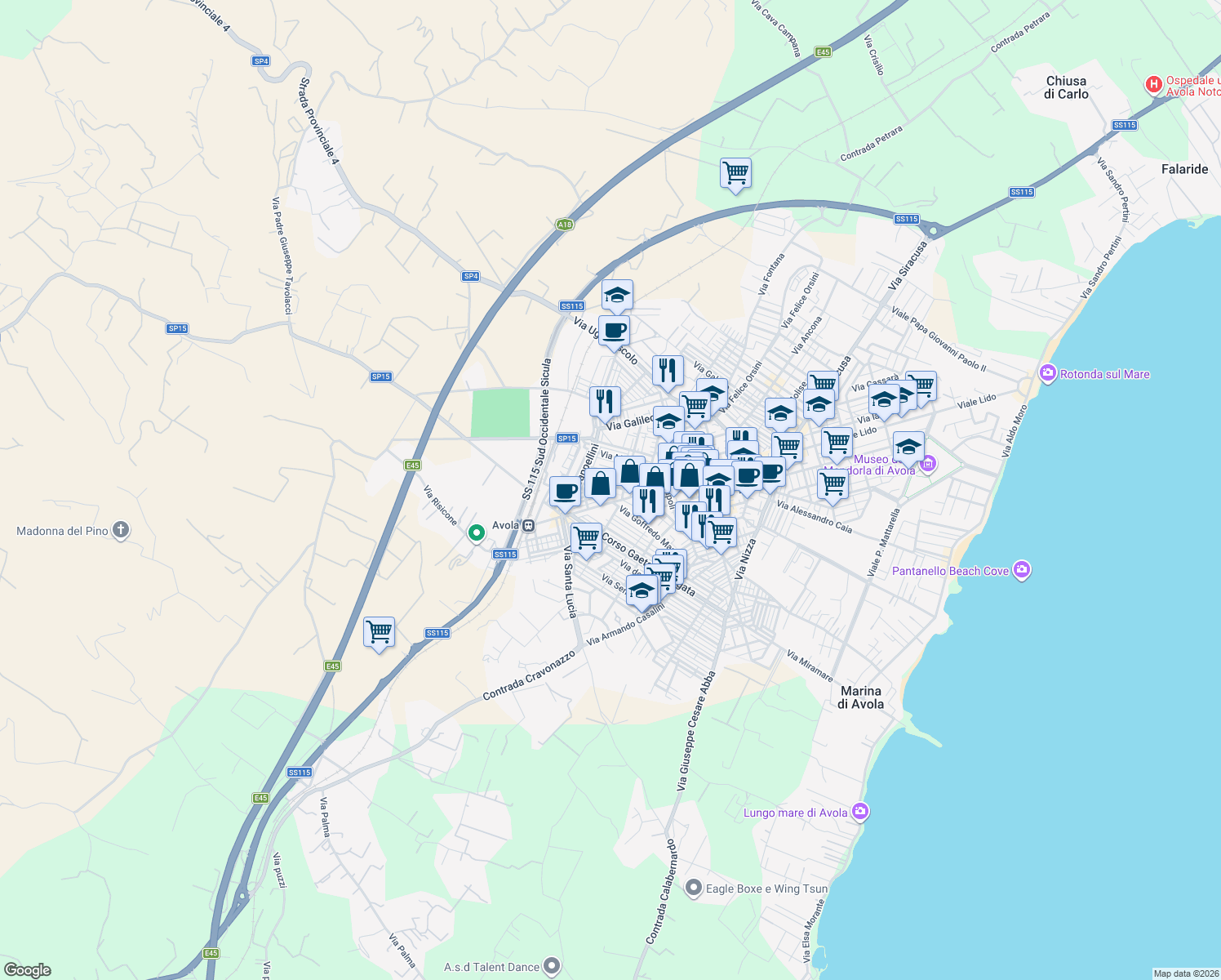 map of restaurants, bars, coffee shops, grocery stores, and more near 51 Via Lombroso in Avola