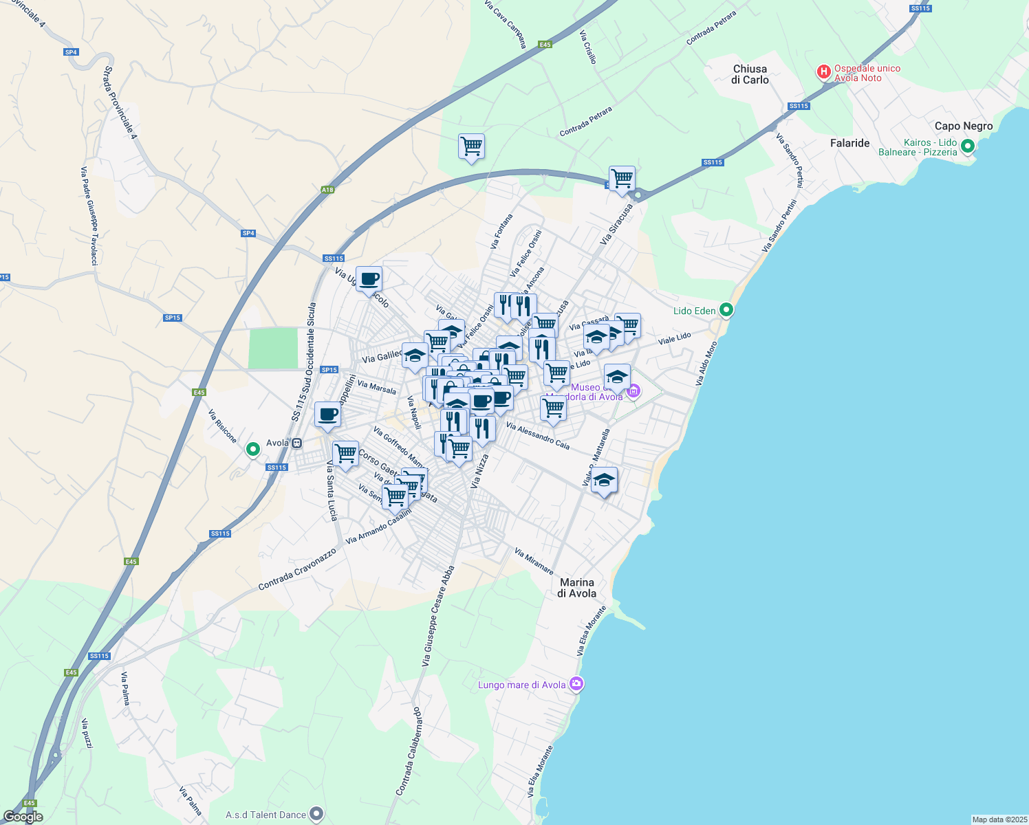 map of restaurants, bars, coffee shops, grocery stores, and more near 54 Via Luigi Capuana in Avola