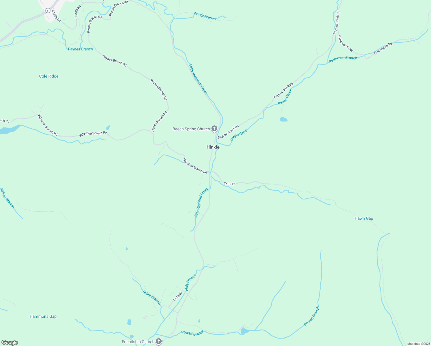 map of restaurants, bars, coffee shops, grocery stores, and more near Hawn Branch Road in Hinkle