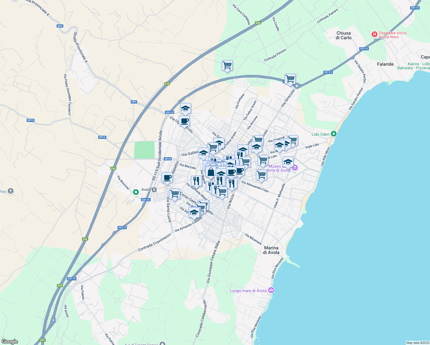 map of restaurants, bars, coffee shops, grocery stores, and more near in Avola