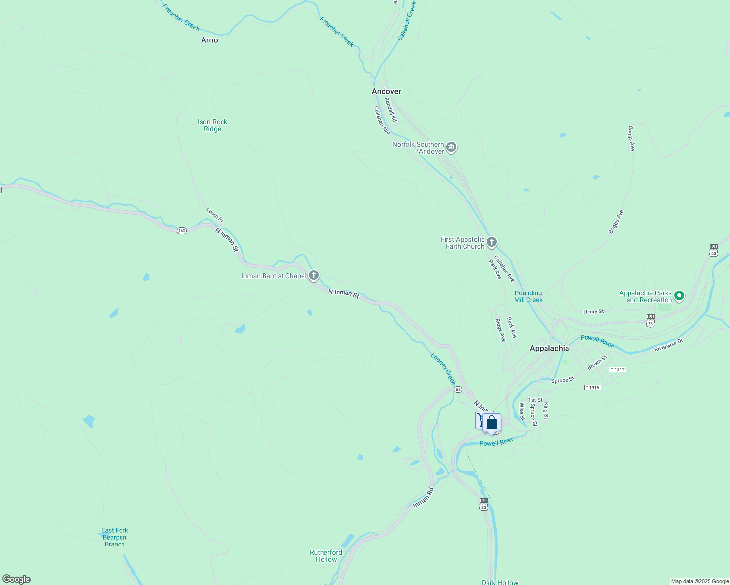 map of restaurants, bars, coffee shops, grocery stores, and more near 293 Don Whitehead Drive in Appalachia