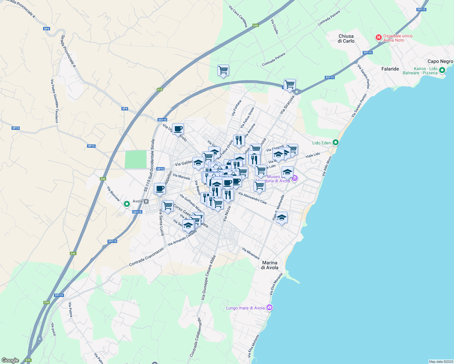 map of restaurants, bars, coffee shops, grocery stores, and more near 253 Corso Vittorio Emanuele in Avola