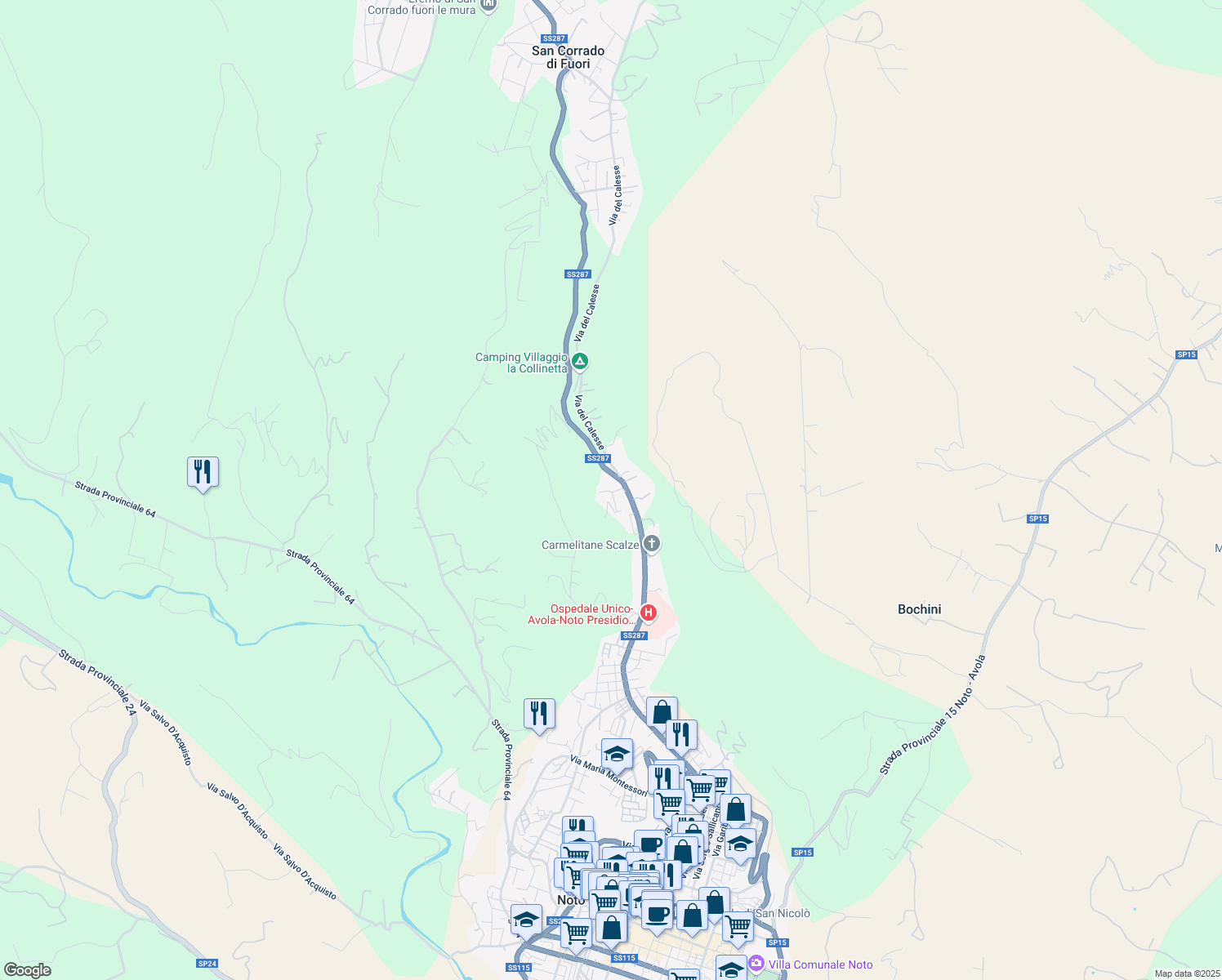 map of restaurants, bars, coffee shops, grocery stores, and more near 151-153 Via dei Mille in Noto