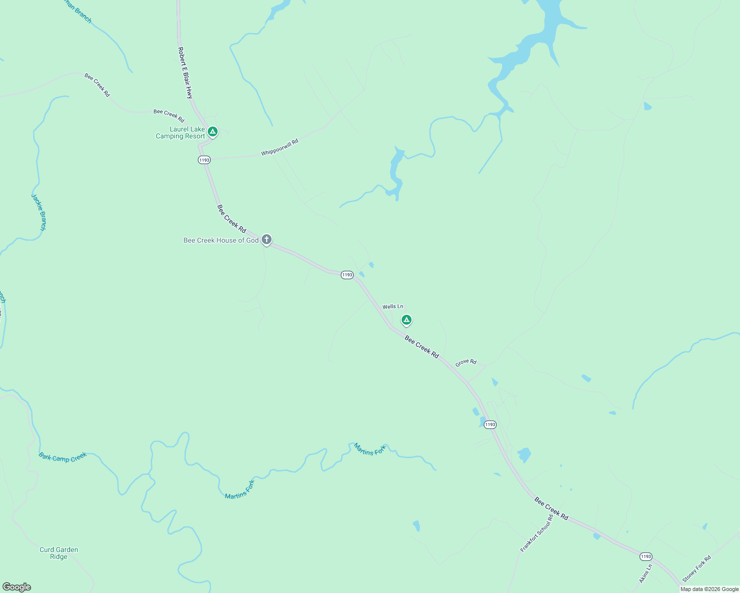 map of restaurants, bars, coffee shops, grocery stores, and more near Bee Creek Road in Corbin