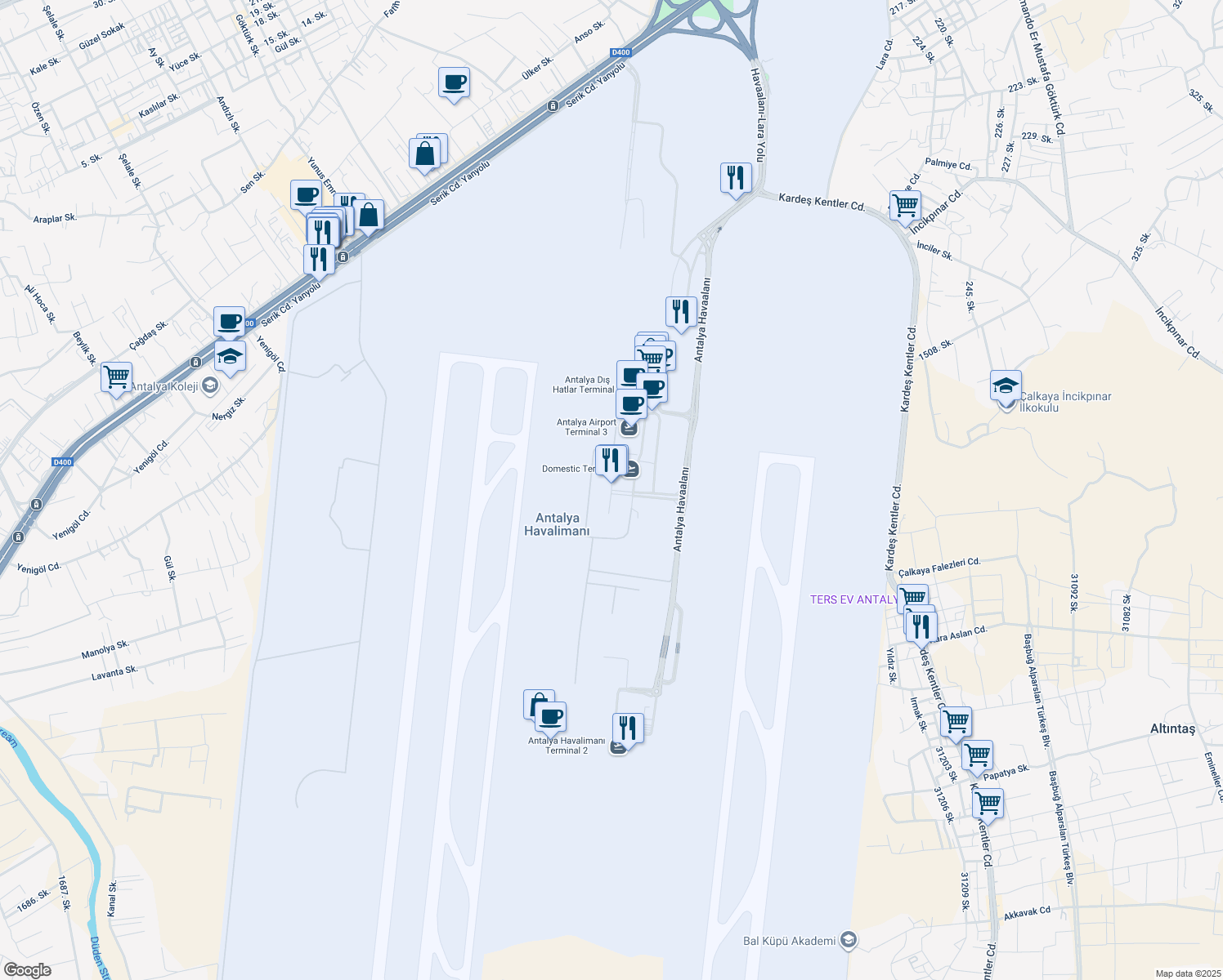map of restaurants, bars, coffee shops, grocery stores, and more near 7 Antalya Havaalanı in Muratpaşa