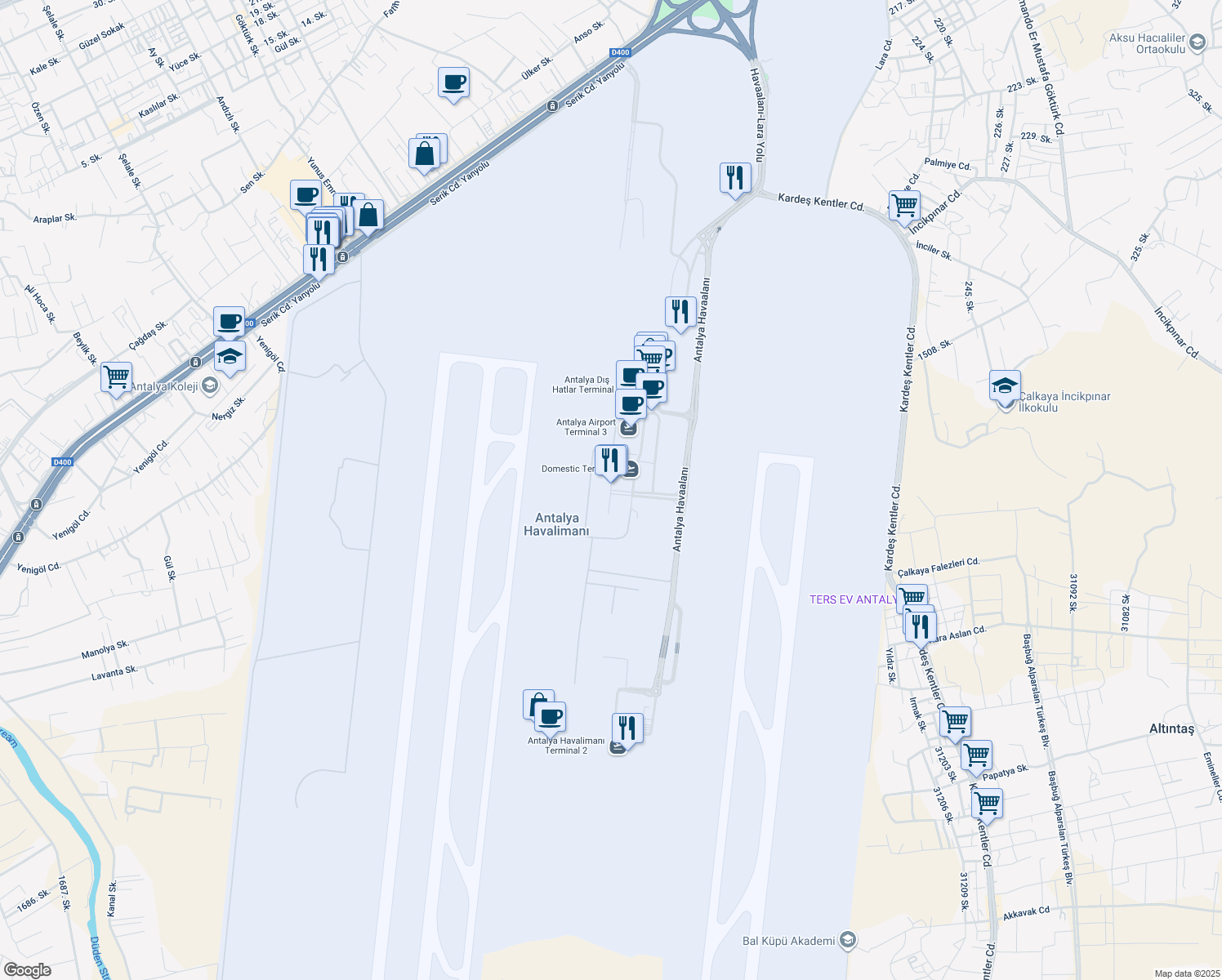 map of restaurants, bars, coffee shops, grocery stores, and more near 7 Antalya Havaalanı in Muratpaşa