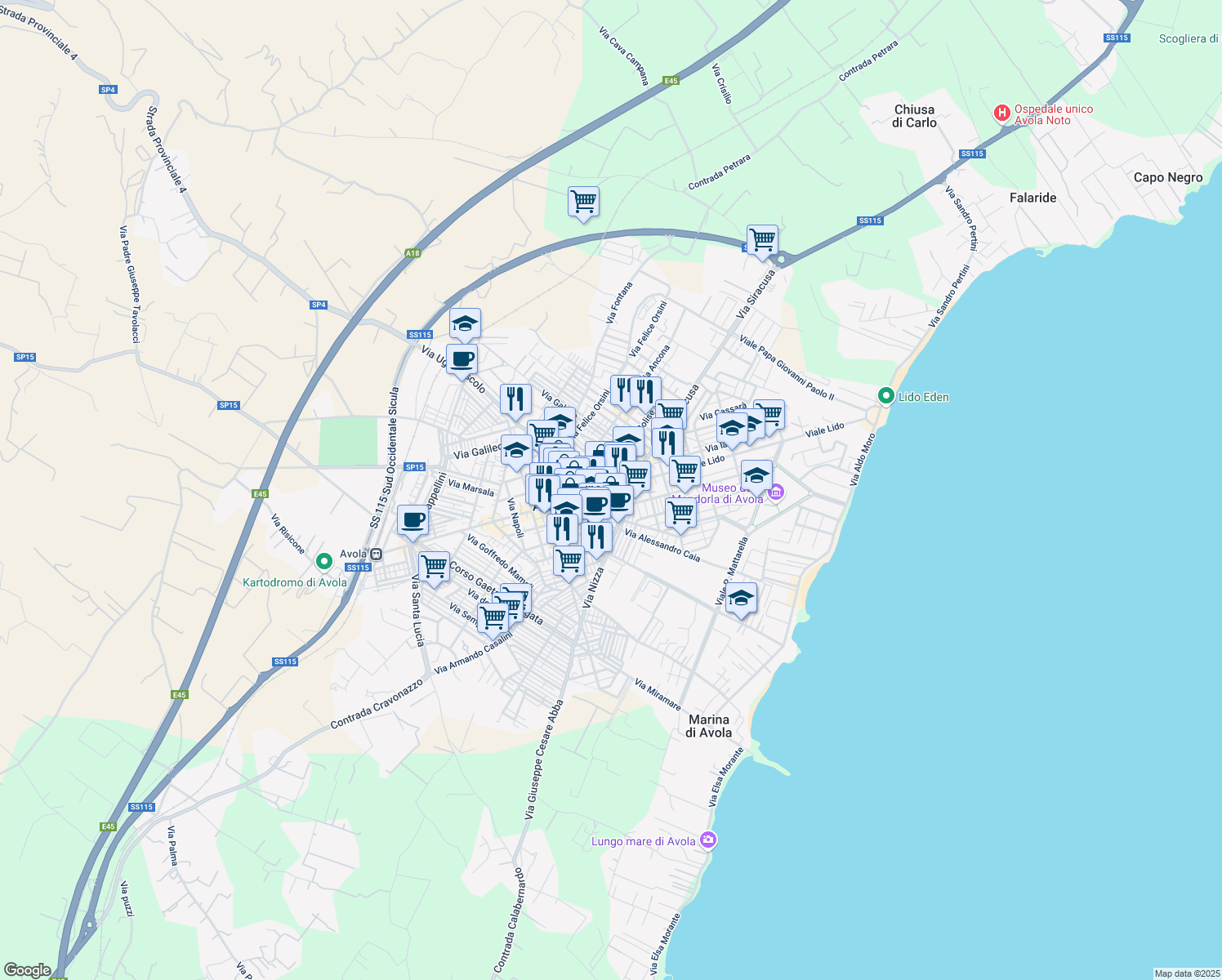 map of restaurants, bars, coffee shops, grocery stores, and more near 253 Corso Vittorio Emanuele in Avola