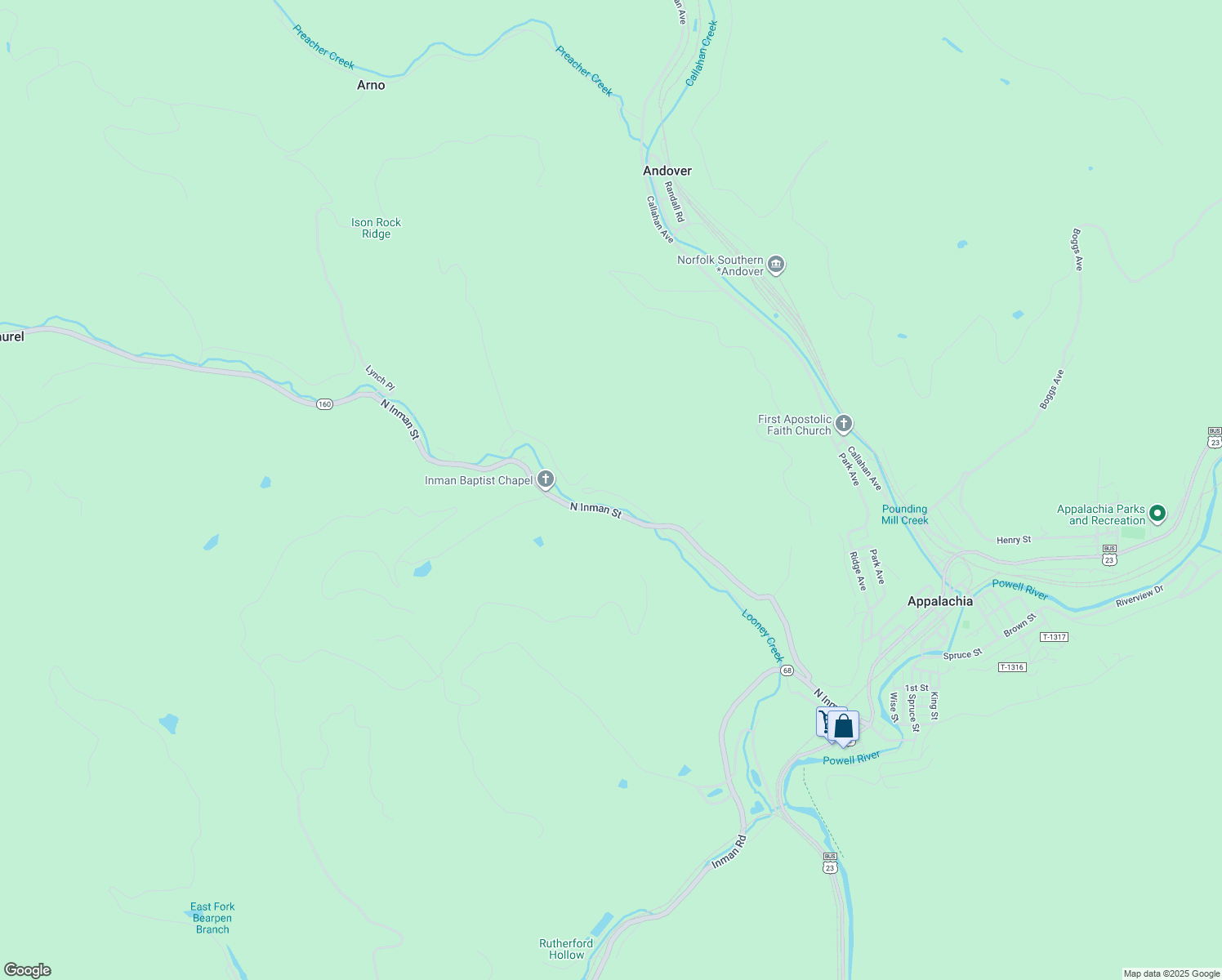 map of restaurants, bars, coffee shops, grocery stores, and more near 293 Don Whitehead Drive in Appalachia