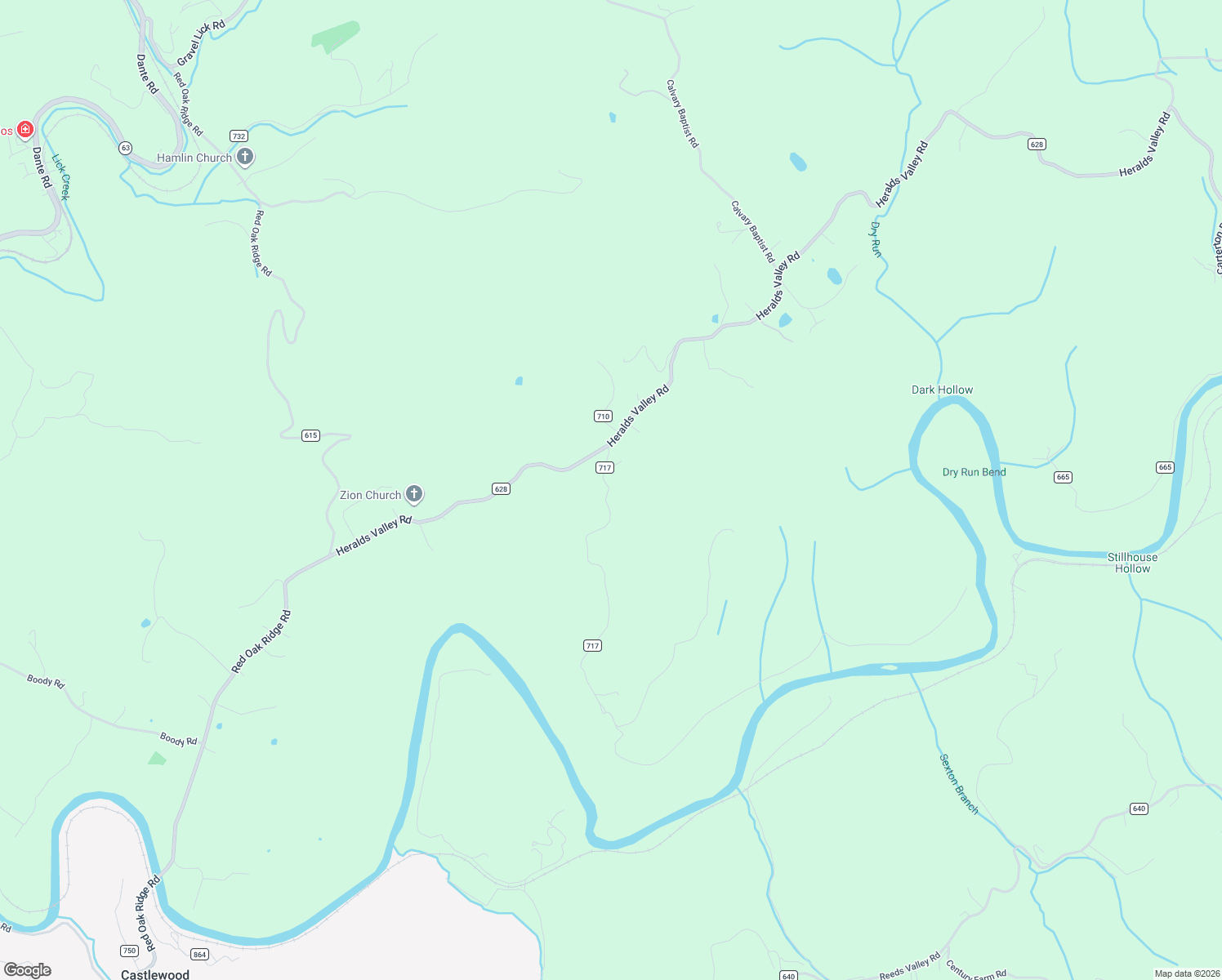 map of restaurants, bars, coffee shops, grocery stores, and more near 101 Dorado Bottom Road in Castlewood