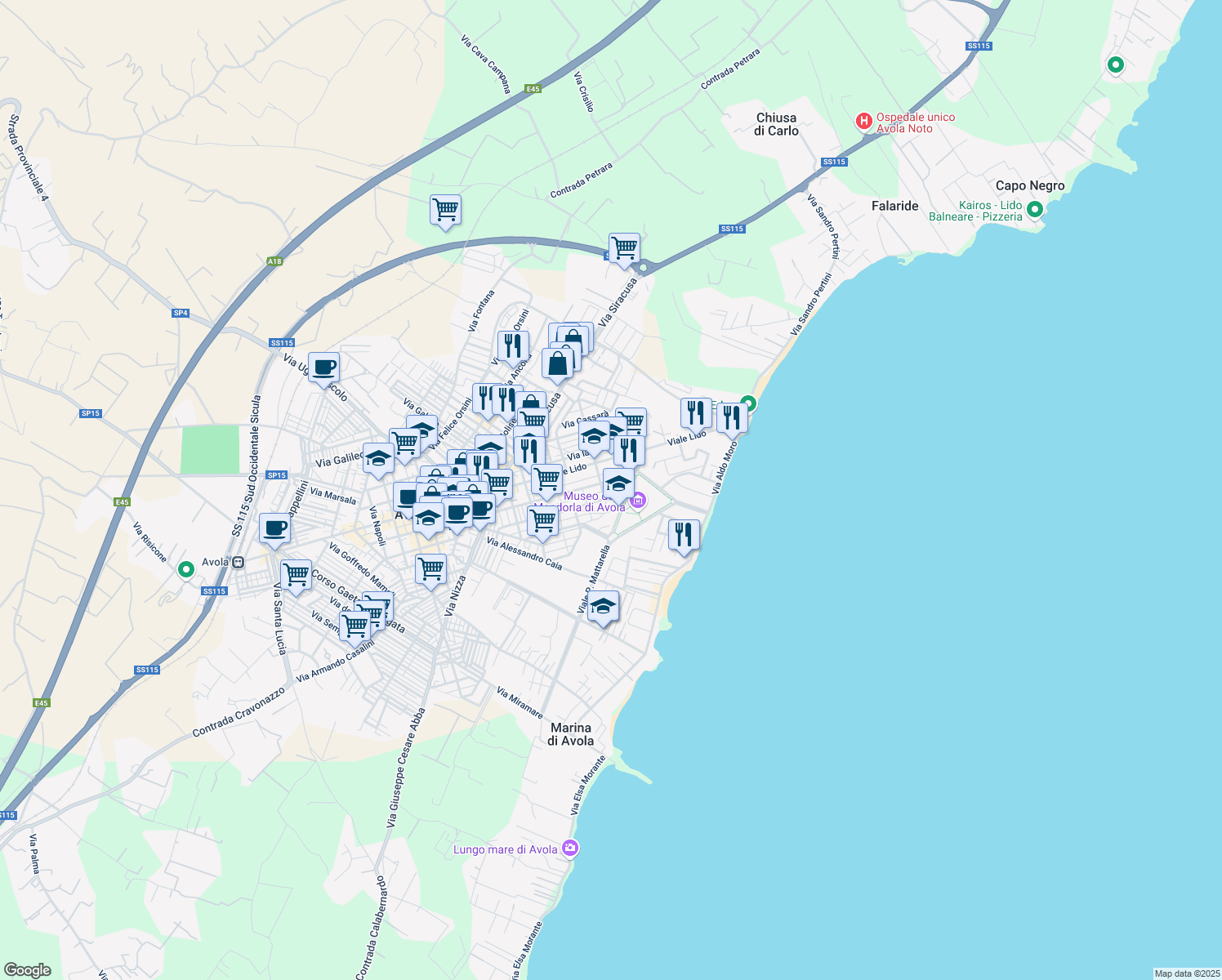 map of restaurants, bars, coffee shops, grocery stores, and more near 123 Via Filippo Turati in Avola