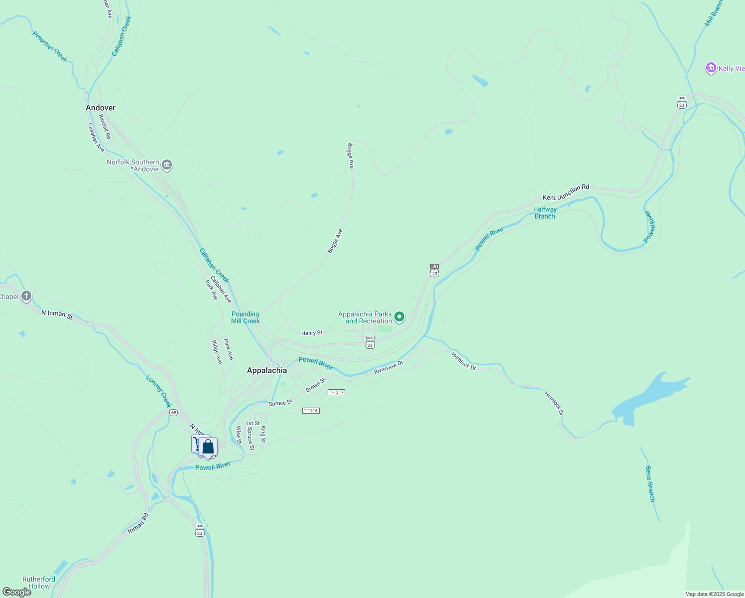 map of restaurants, bars, coffee shops, grocery stores, and more near 317 Bell Ave in Appalachia
