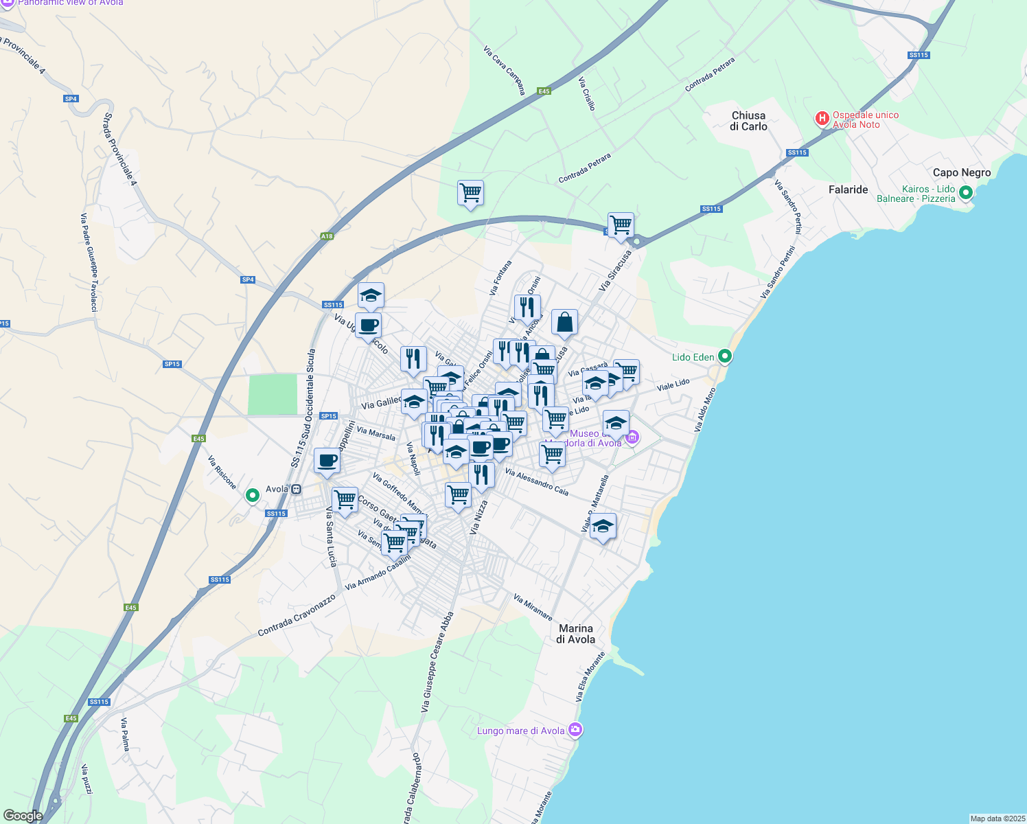 map of restaurants, bars, coffee shops, grocery stores, and more near 88 Via Olindo Guerrini in Avola