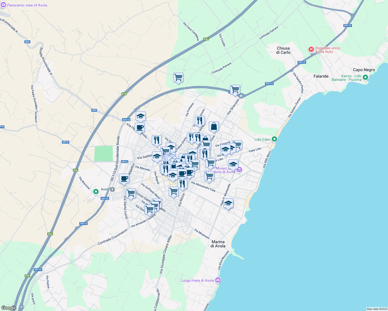 map of restaurants, bars, coffee shops, grocery stores, and more near 88 Via Olindo Guerrini in Avola
