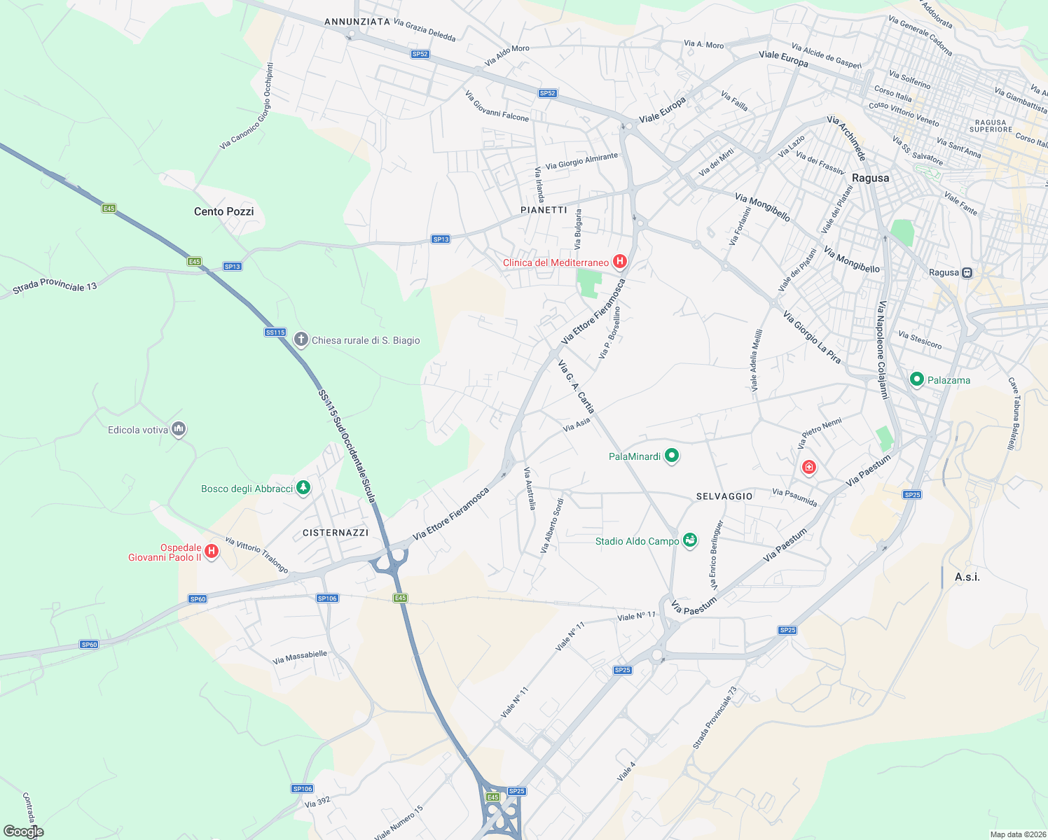 map of restaurants, bars, coffee shops, grocery stores, and more near 19 Via Emanuela Loi in Ragusa