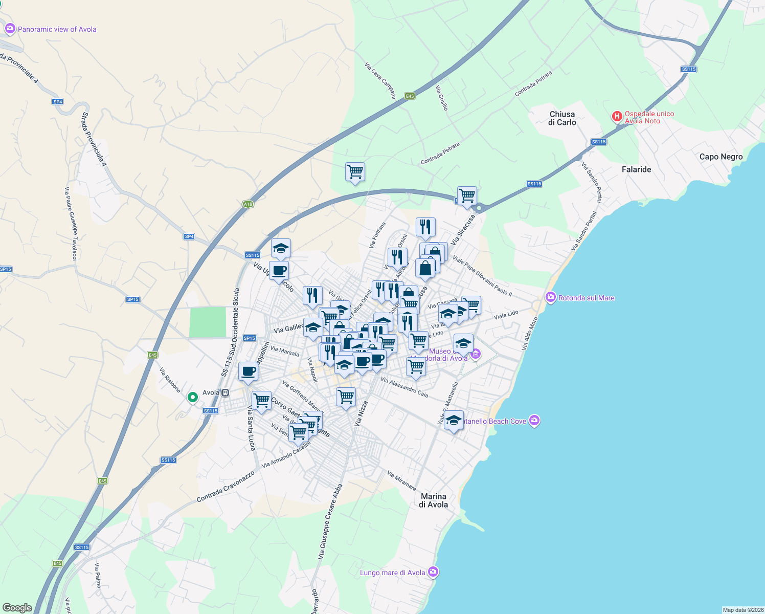 map of restaurants, bars, coffee shops, grocery stores, and more near 28 Via Pietro Mascagni in Avola