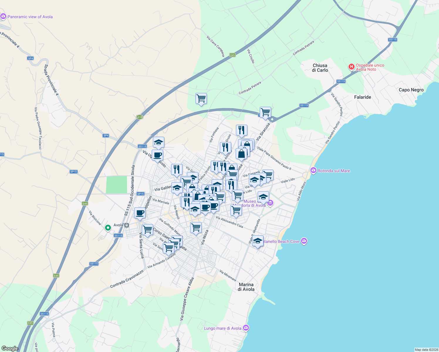 map of restaurants, bars, coffee shops, grocery stores, and more near 28 Via Mascagni Pietro in Avola