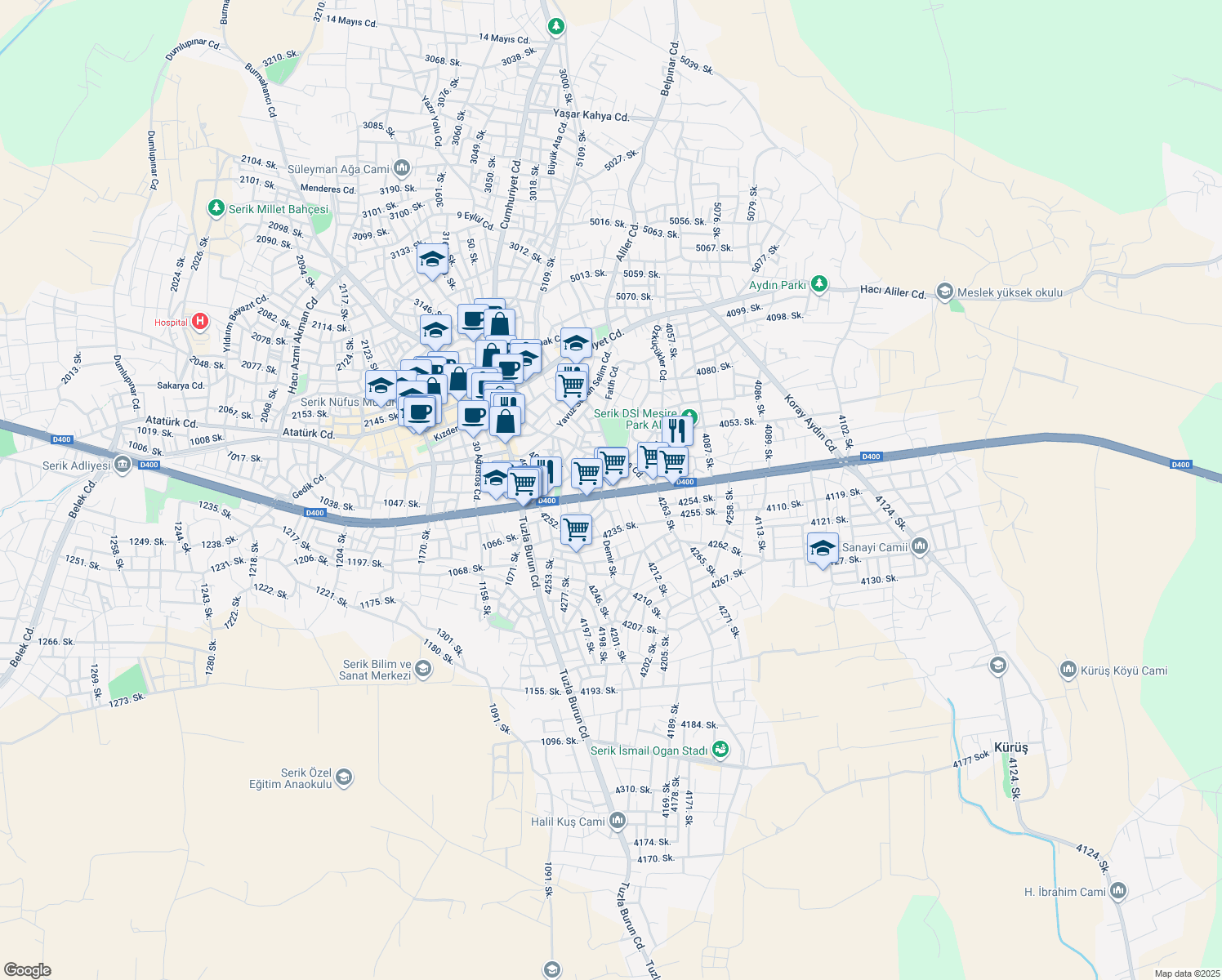 map of restaurants, bars, coffee shops, grocery stores, and more near 177 Serik Caddesi in Serik