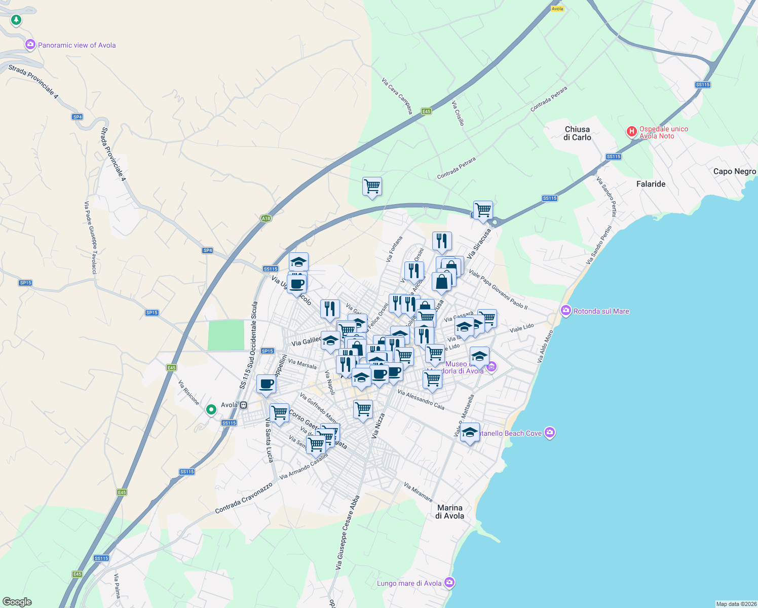 map of restaurants, bars, coffee shops, grocery stores, and more near 4 Piazza San Sebastiano in Avola