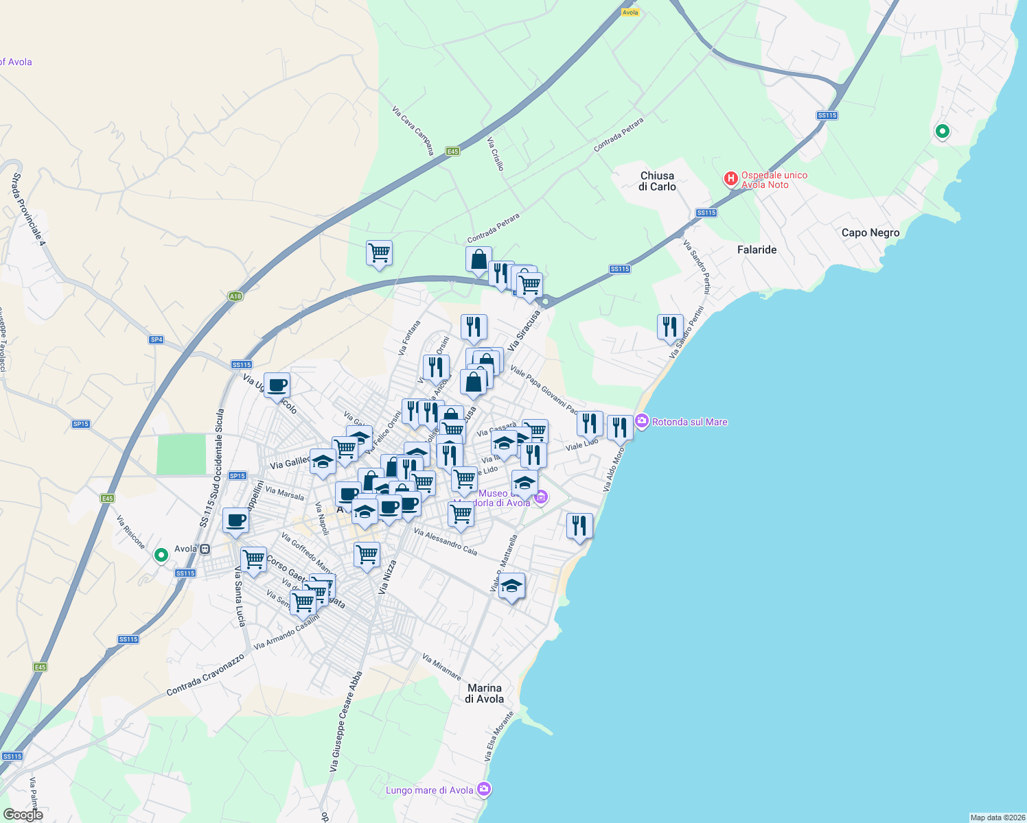 map of restaurants, bars, coffee shops, grocery stores, and more near 6 Via Mons. Giuseppe Vizzini in Avola