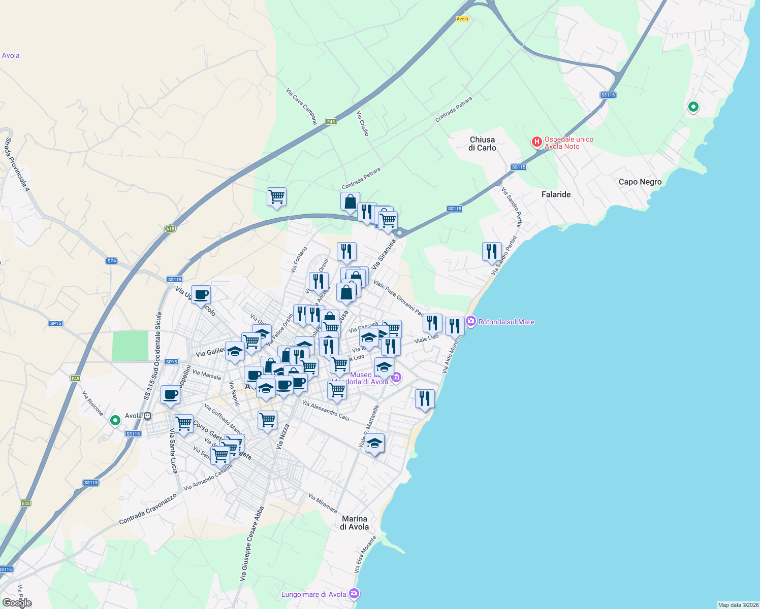 map of restaurants, bars, coffee shops, grocery stores, and more near 6 Via Mons. Giuseppe Vizzini in Avola