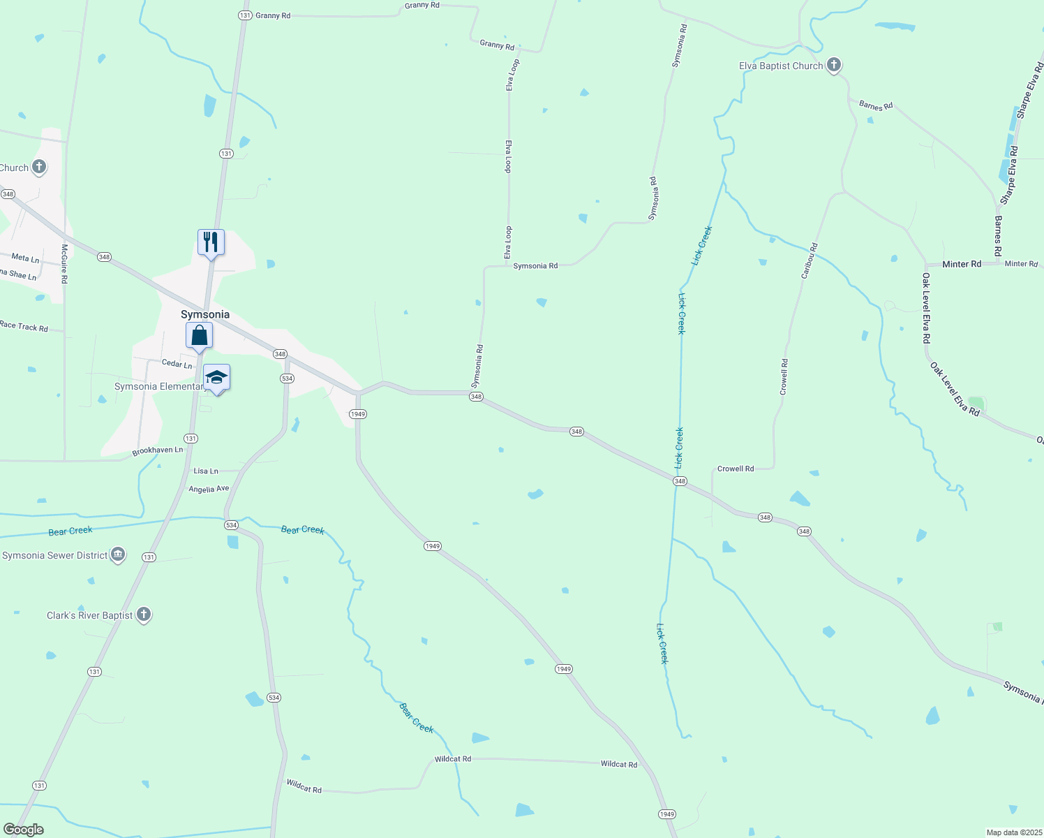 map of restaurants, bars, coffee shops, grocery stores, and more near 1095 Kentucky 348 in Symsonia