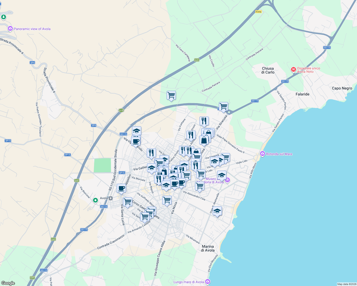 map of restaurants, bars, coffee shops, grocery stores, and more near Via Filippo Juvara in Avola
