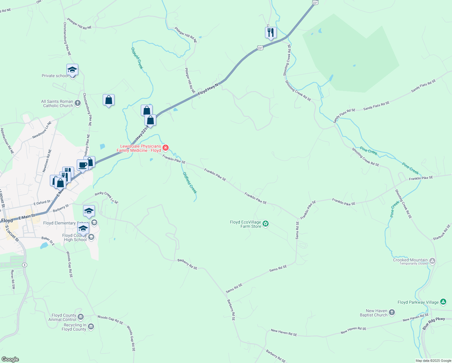 map of restaurants, bars, coffee shops, grocery stores, and more near 718 Franklin Pike Southeast in Floyd