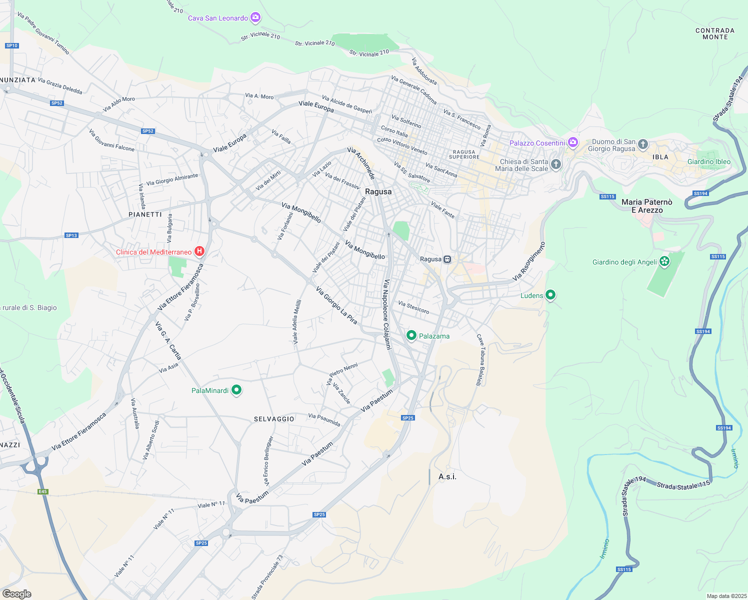 map of restaurants, bars, coffee shops, grocery stores, and more near 99 Via della Quercia in Ragusa