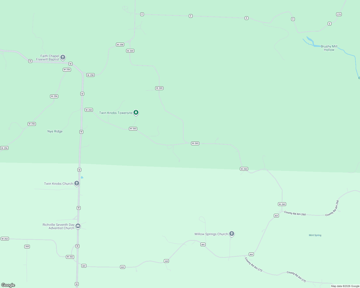 map of restaurants, bars, coffee shops, grocery stores, and more near County Road W-260 in Vanzant