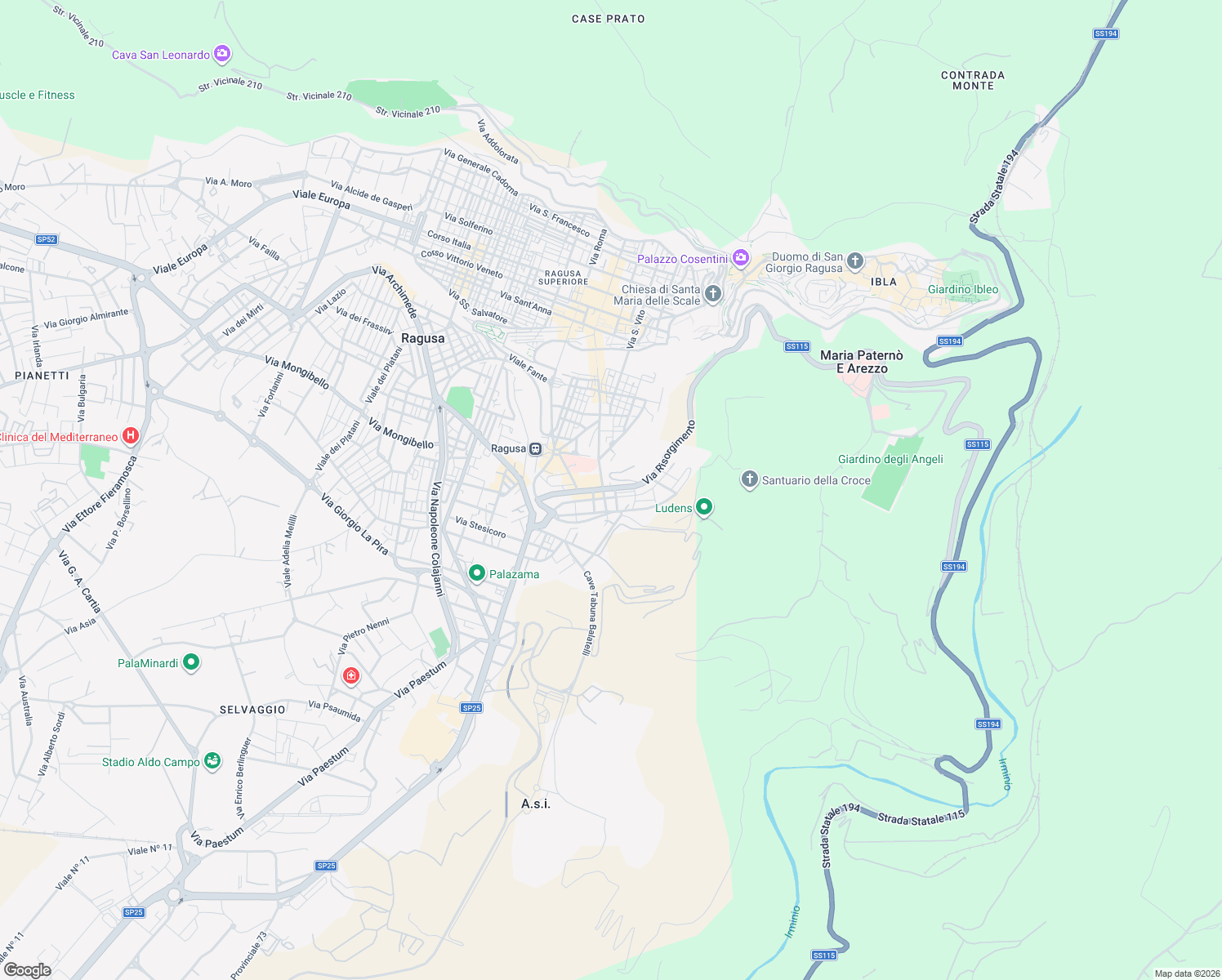 map of restaurants, bars, coffee shops, grocery stores, and more near 93 Via Risorgimento in Ragusa