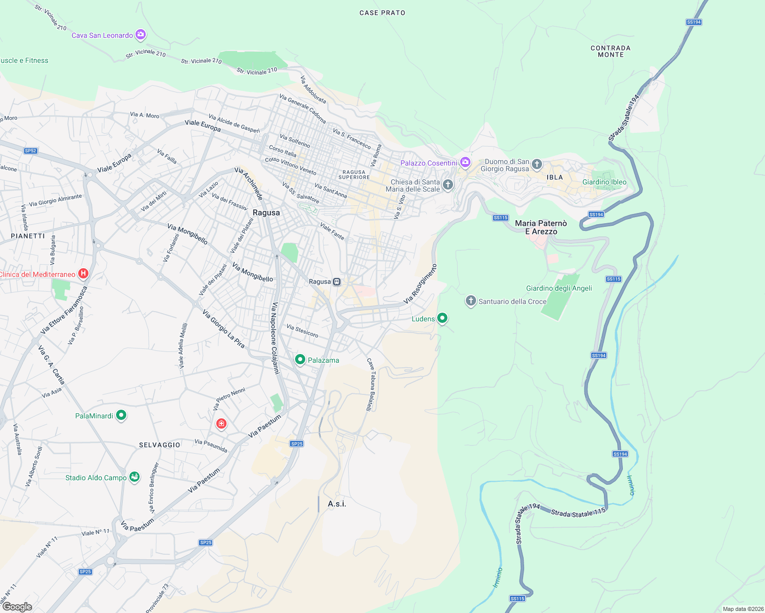 map of restaurants, bars, coffee shops, grocery stores, and more near 93 Via Risorgimento in Ragusa
