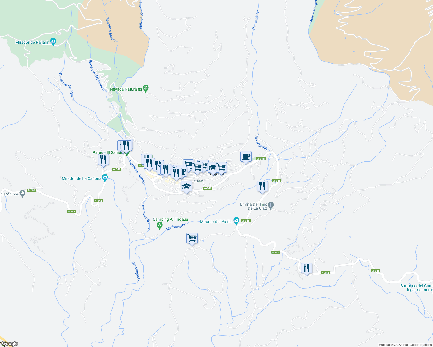 map of restaurants, bars, coffee shops, grocery stores, and more near in Lanjarón