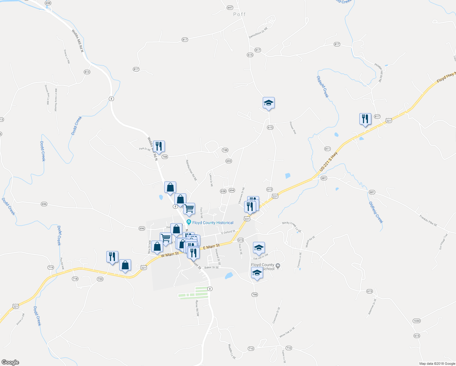 map of restaurants, bars, coffee shops, grocery stores, and more near 101-161 Grants Lane Northeast in Floyd