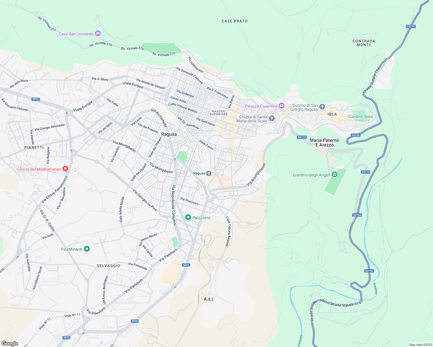 map of restaurants, bars, coffee shops, grocery stores, and more near Via Trieste in Ragusa