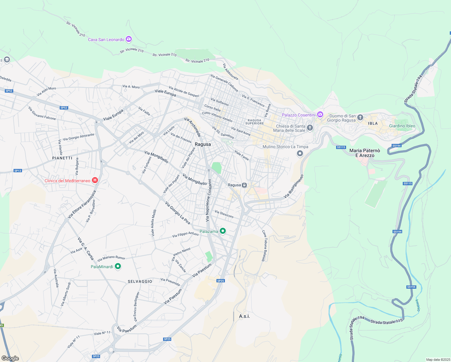map of restaurants, bars, coffee shops, grocery stores, and more near 76 Via Gabriele D'Annunzio in Ragusa