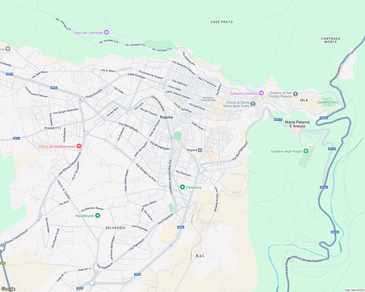 map of restaurants, bars, coffee shops, grocery stores, and more near 76 Via Gabriele D'Annunzio in Ragusa
