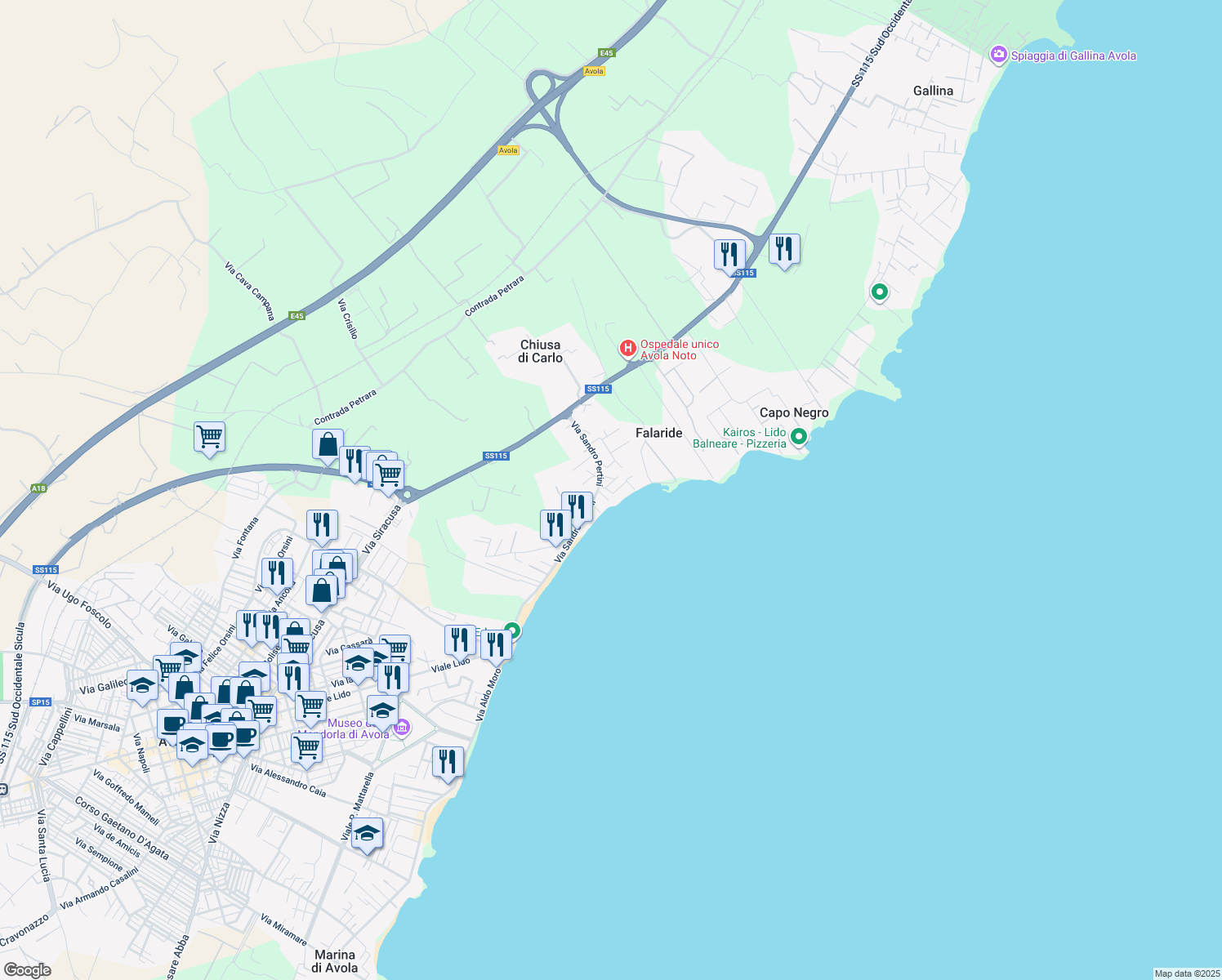map of restaurants, bars, coffee shops, grocery stores, and more near 7 Via Pico della Mirandola in Avola