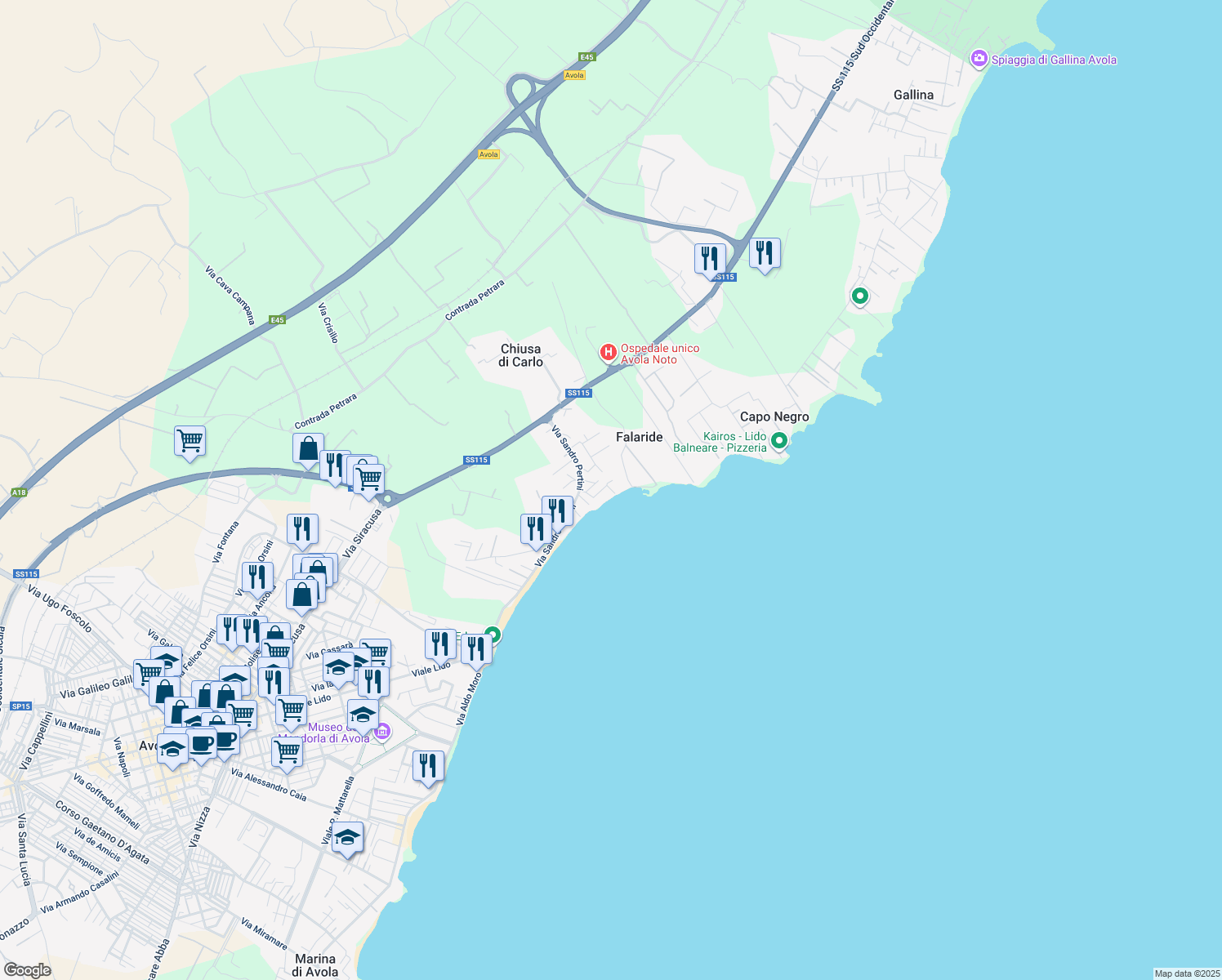 map of restaurants, bars, coffee shops, grocery stores, and more near 5-7 Via Pico della Mirandola in Avola