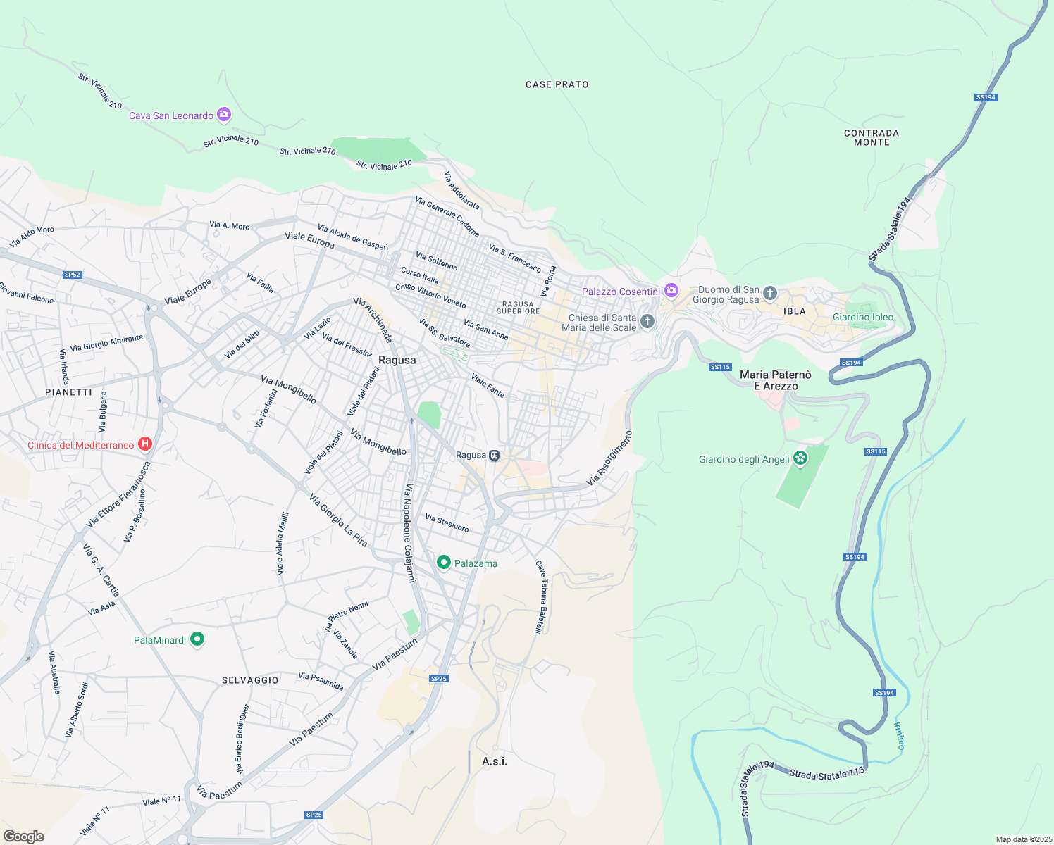 map of restaurants, bars, coffee shops, grocery stores, and more near Via Trieste in Ragusa