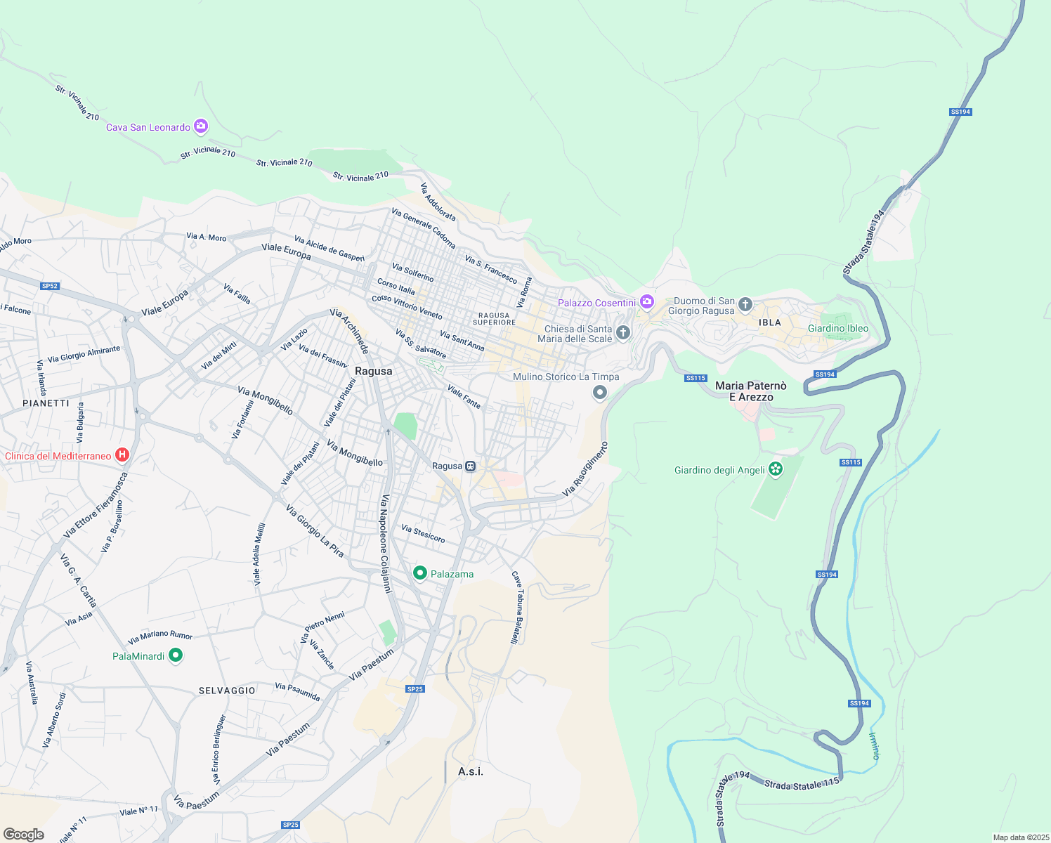 map of restaurants, bars, coffee shops, grocery stores, and more near 25 Via Fiume in Ragusa