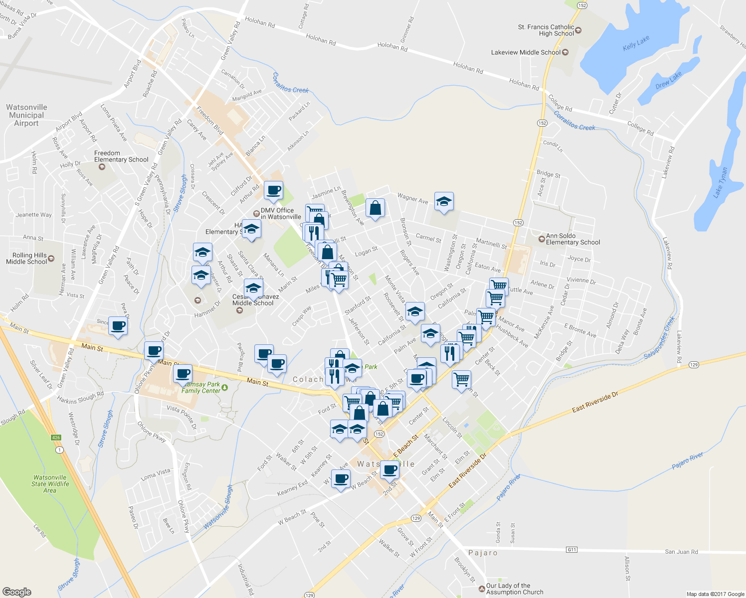 map of restaurants, bars, coffee shops, grocery stores, and more near 202 Stanford Street in Watsonville