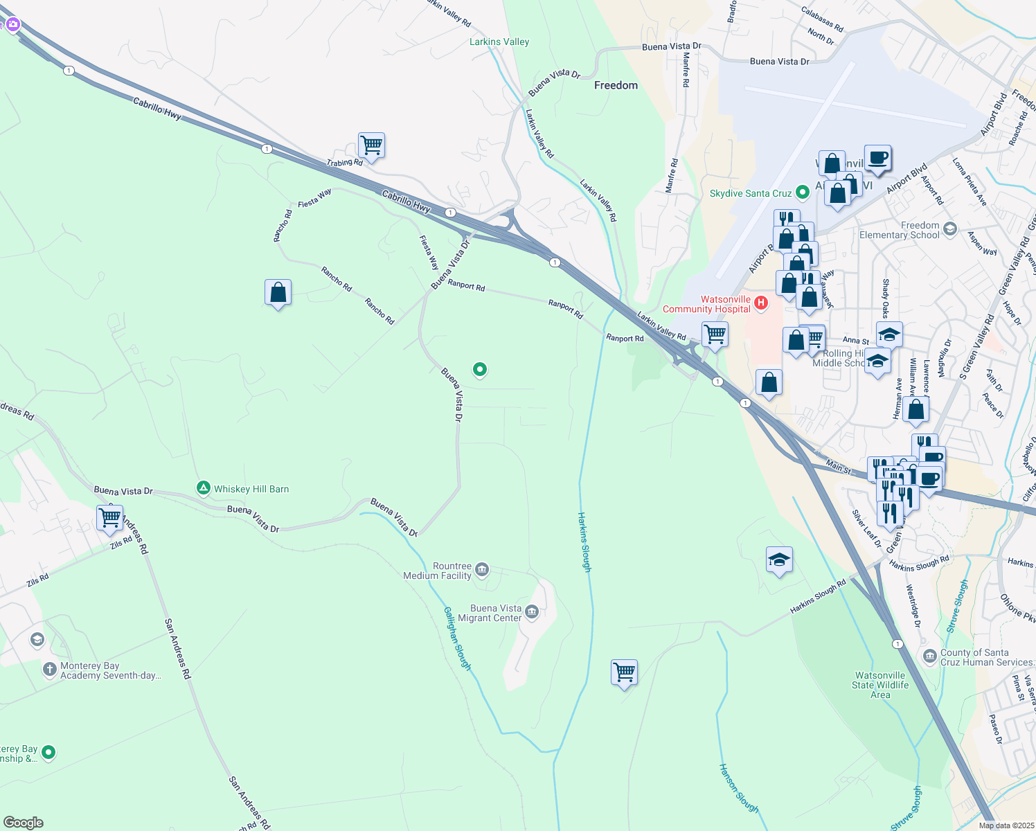 map of restaurants, bars, coffee shops, grocery stores, and more near 1203 Buena Vista Drive in Watsonville